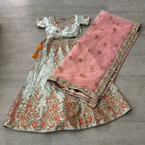 Teal & Coral & Gold 3 Piece Sari